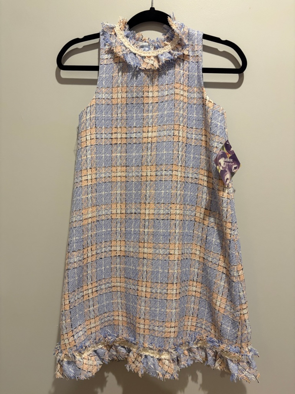 Blueberi Boulevard Girls' Plaid Tweed Sleeveless Dress in Light Blue and Cream